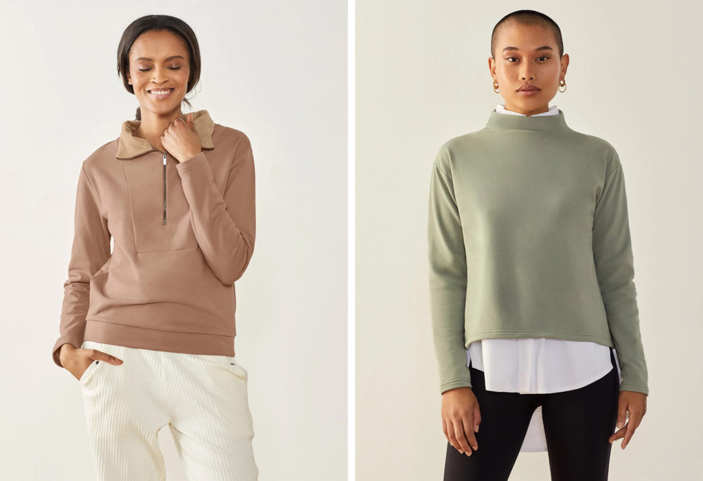 Models wearing the Bio-Fleece high-neck sweatshirt (left) and bio-fleece pullover (right)