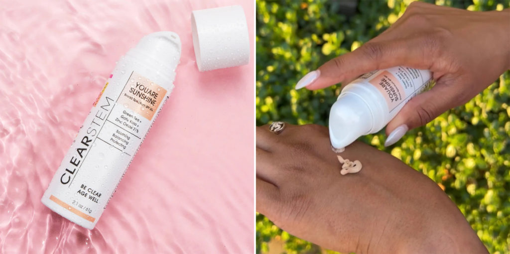 Clearstem You Are Sunshine Sunscreen on a pink backdrop (left) and Clearstem You Are Sunshine Sunscreen in use on someone's hands (right)
