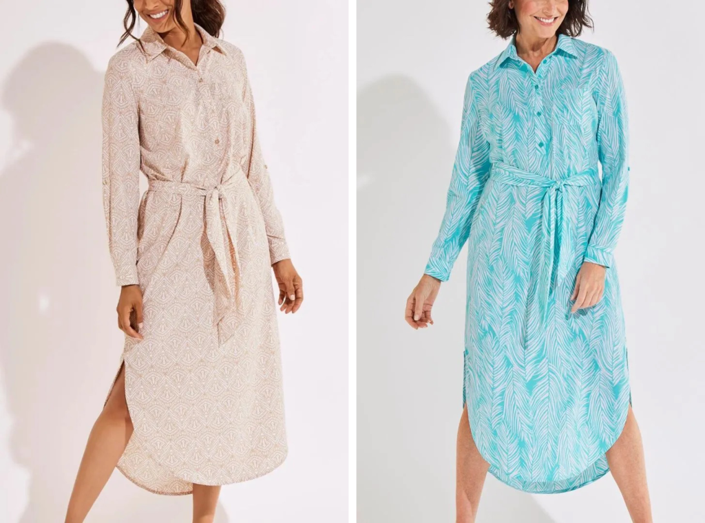 Two colors of the Coolibar Prado Shirt Dress