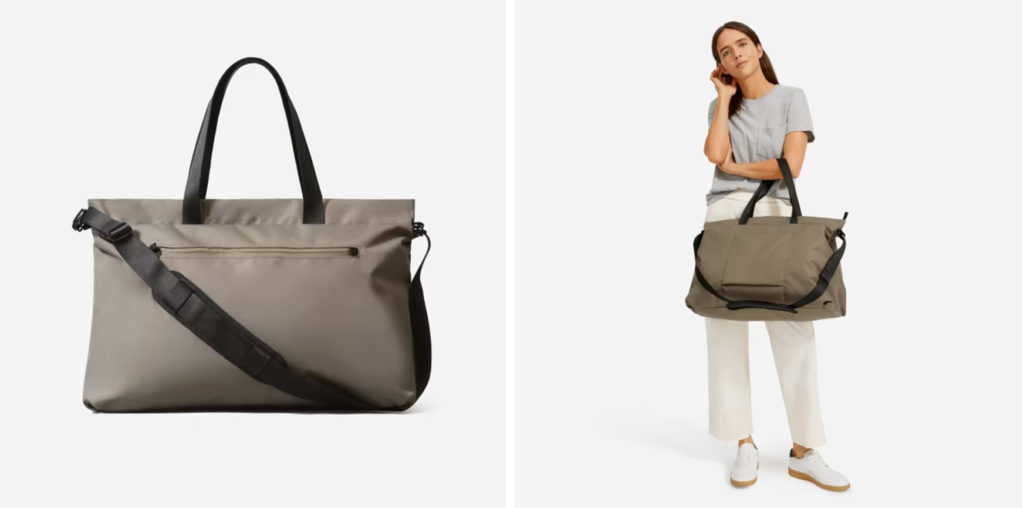 Grey tote bag from Everlane (left) and woman carrying the grey tote bag (right)