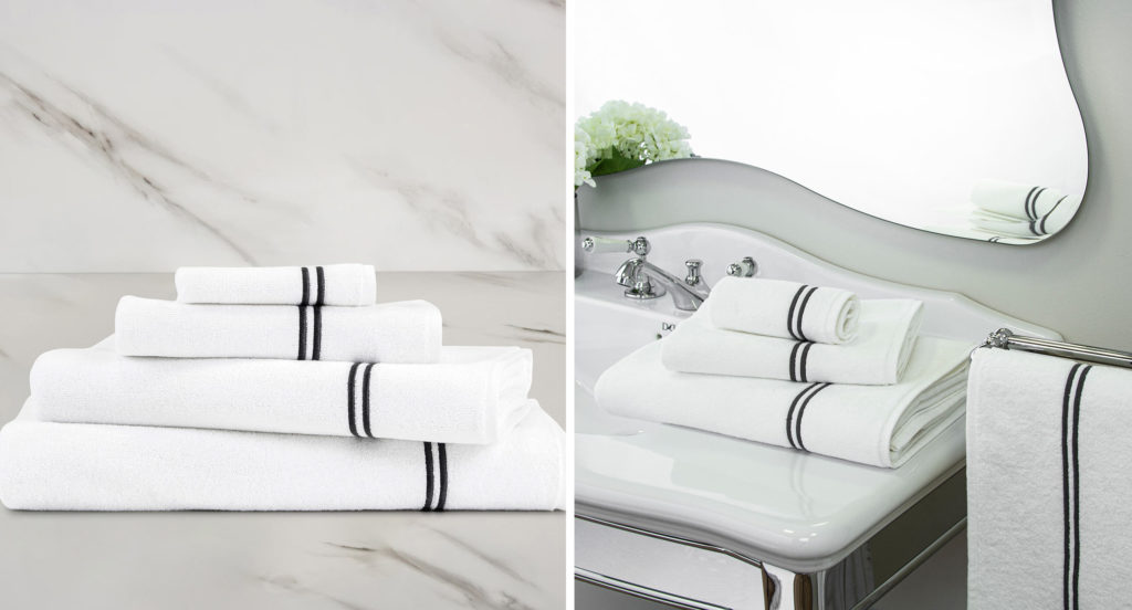 A stack of Frette Hotel Classic Bath Towels on a marble countertop (left) and a stack of Frette Hotel Classic Bath Towels in a bathroom set up (right)