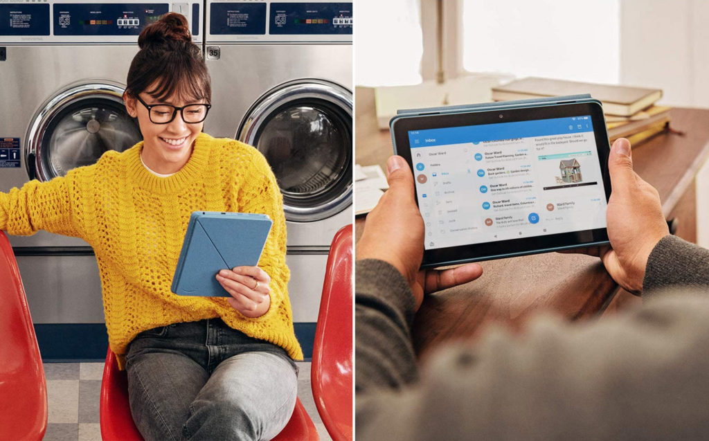 Woman reading on a Kindle Fire in the laundromat (left) and over-the-shoulder view of a man browsing email on a Kindle Fire (right)