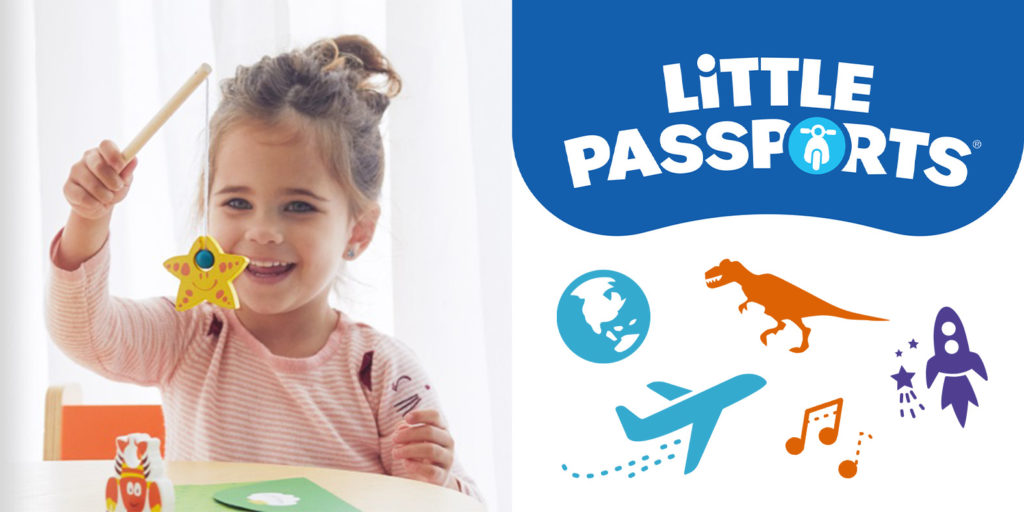 Little girl playing with a craft project (left) and the Little Passports logo with various cartoons (right)