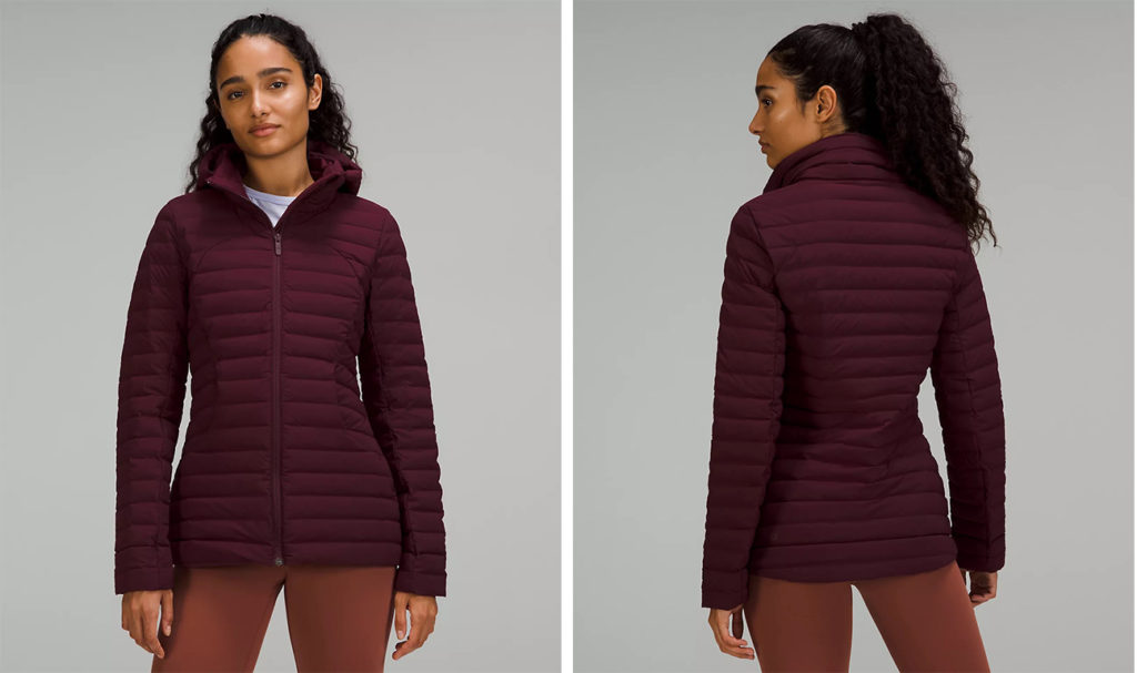 Model showing two angles of Lululemon Pack It Down Jacket in maroon