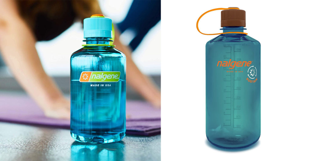 Two images, one standalone on a white background and one in the foreground of an image of a yoga class, of the Nalgene Sustain Water Bottle