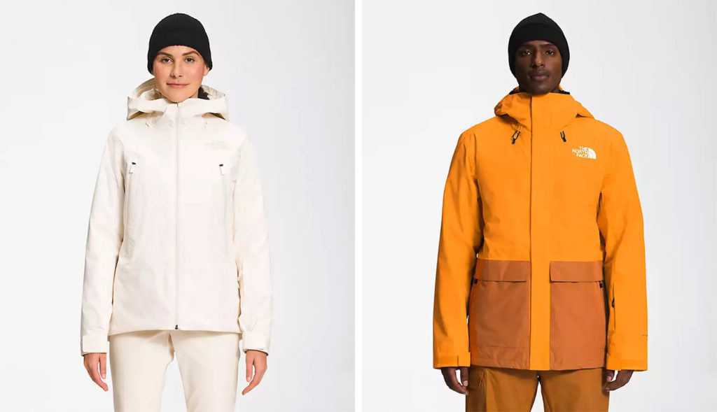 The North Face Arrowood Triclimate women's Jacket in white and the The North Face Arrowood Triclimate men's Jacket in orange