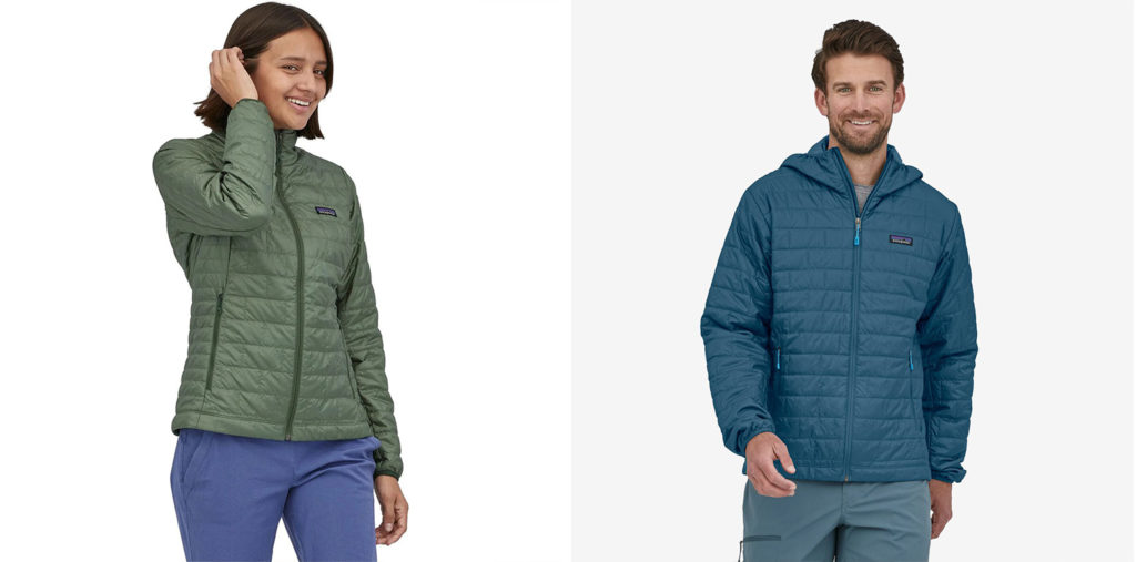 Two models showing the men's and women's styles of Patagonia PrimaLoft Nano Puff Coat