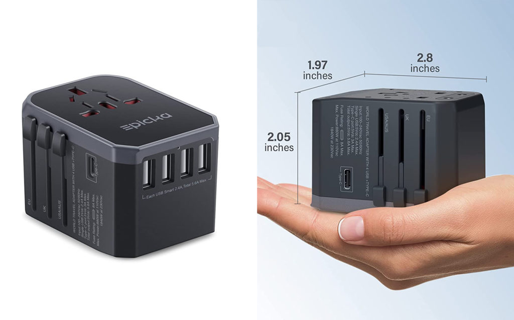 Universale plug adapter plus image of adapter in person's hand with measurements for scale