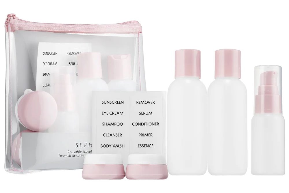Pink and white reusable travel container set from Sephora
