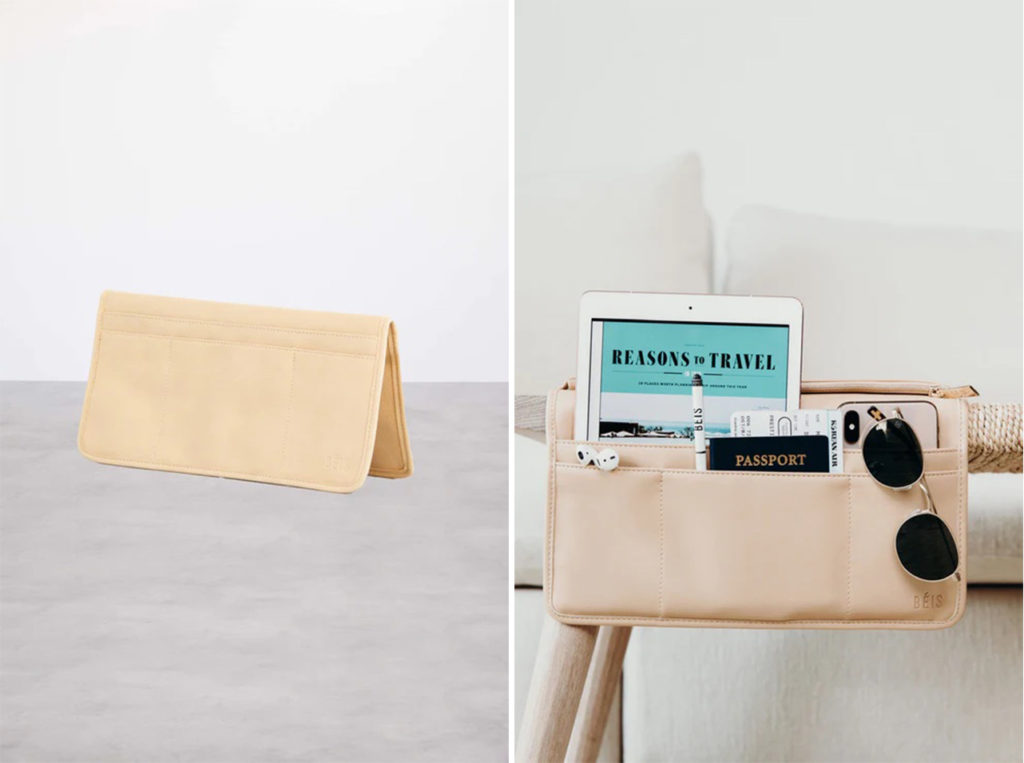 Beis Seatback Organizer on a grey backdrop (left) and Beis Seatback Organizer over the armrest of a chair, filled with electronics and small items (right)