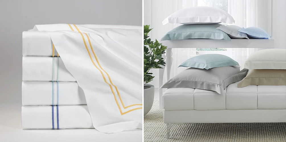 Stack of Sferra embroidered sheets (left) and bed stacked with Sferra pillows (left)