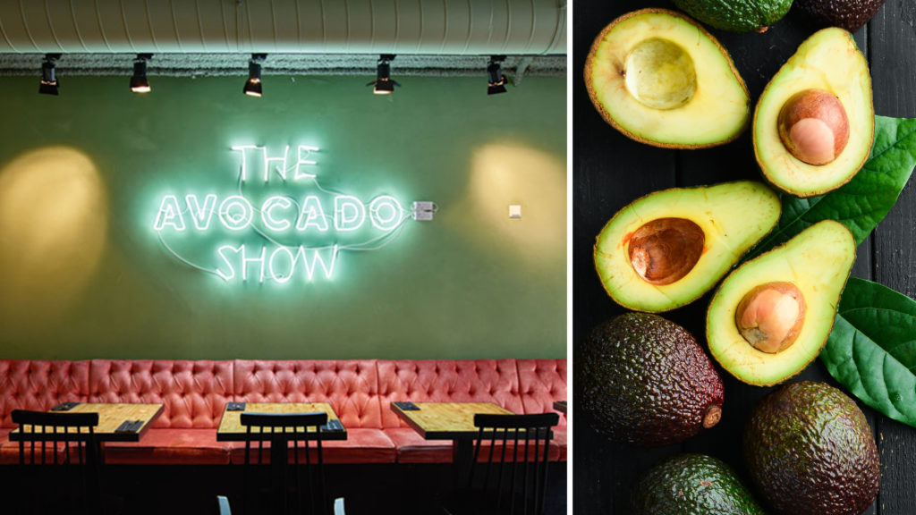 Interior of the Avocado Show in Amsterdam (left) and cut and whole avocados on a black table (right)