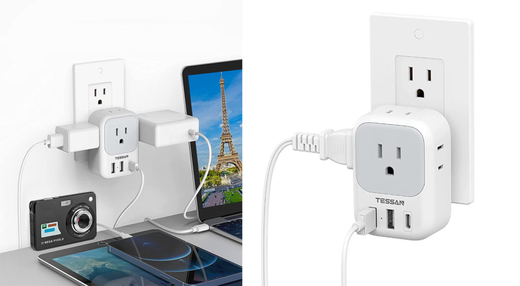 Two images showing multiple wires plugged into the Travel USB Charger 