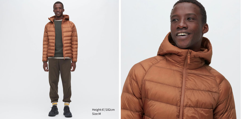 Model showing two angles of Uniqlo Men's Ultra Light Down Parka