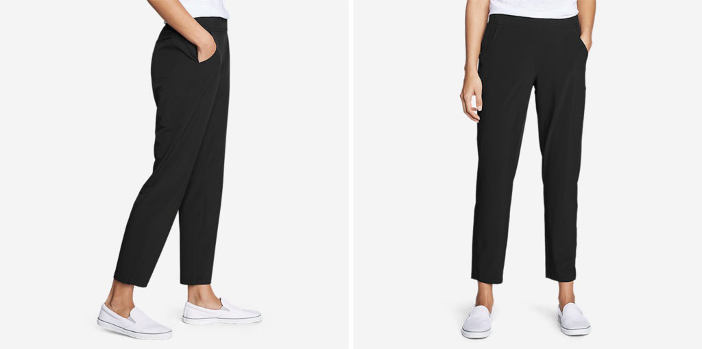 Close up of woman's legs wearing the Eddie Bauer Departure Pants from two angles