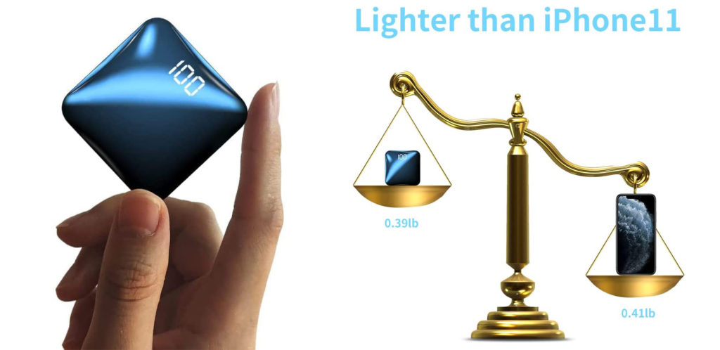 Hand holding the T-Core Power Bank (left) and a graphic of a scale weighing the T-Core Power Bank vs. an iPhone 11 labeled "lighter than an iPhone 11"