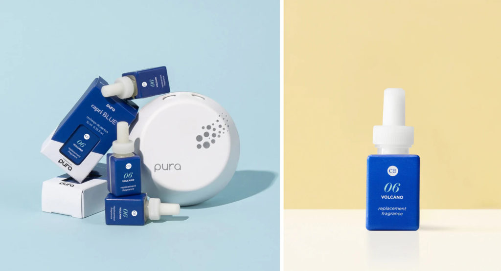 Pura Smart Diffuser surrounded by small blue replacement fragrances (left) and a singular blue replacement fragrance on a yellow backdrop (right)