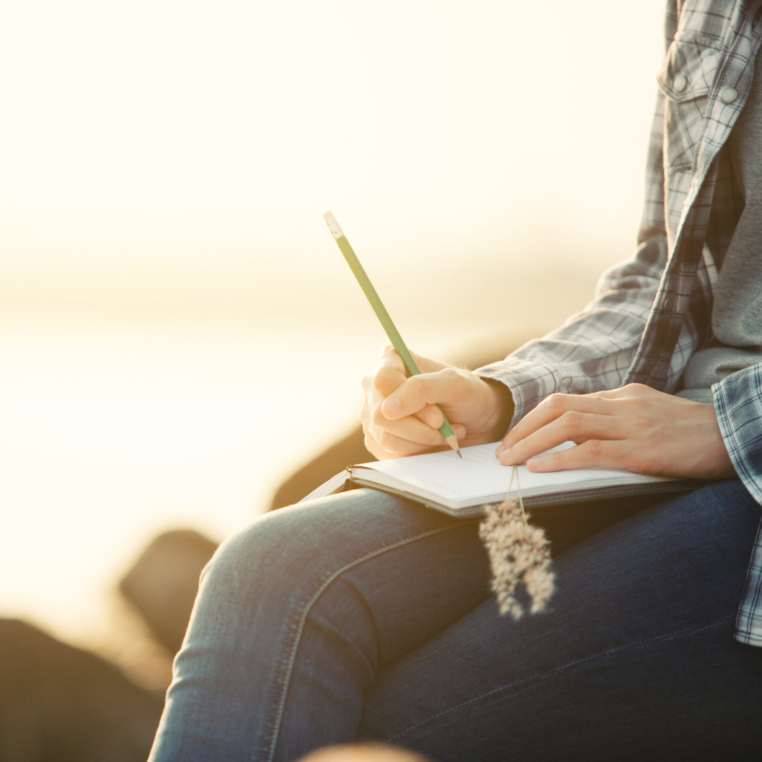 Close up of person writing in a leather journal