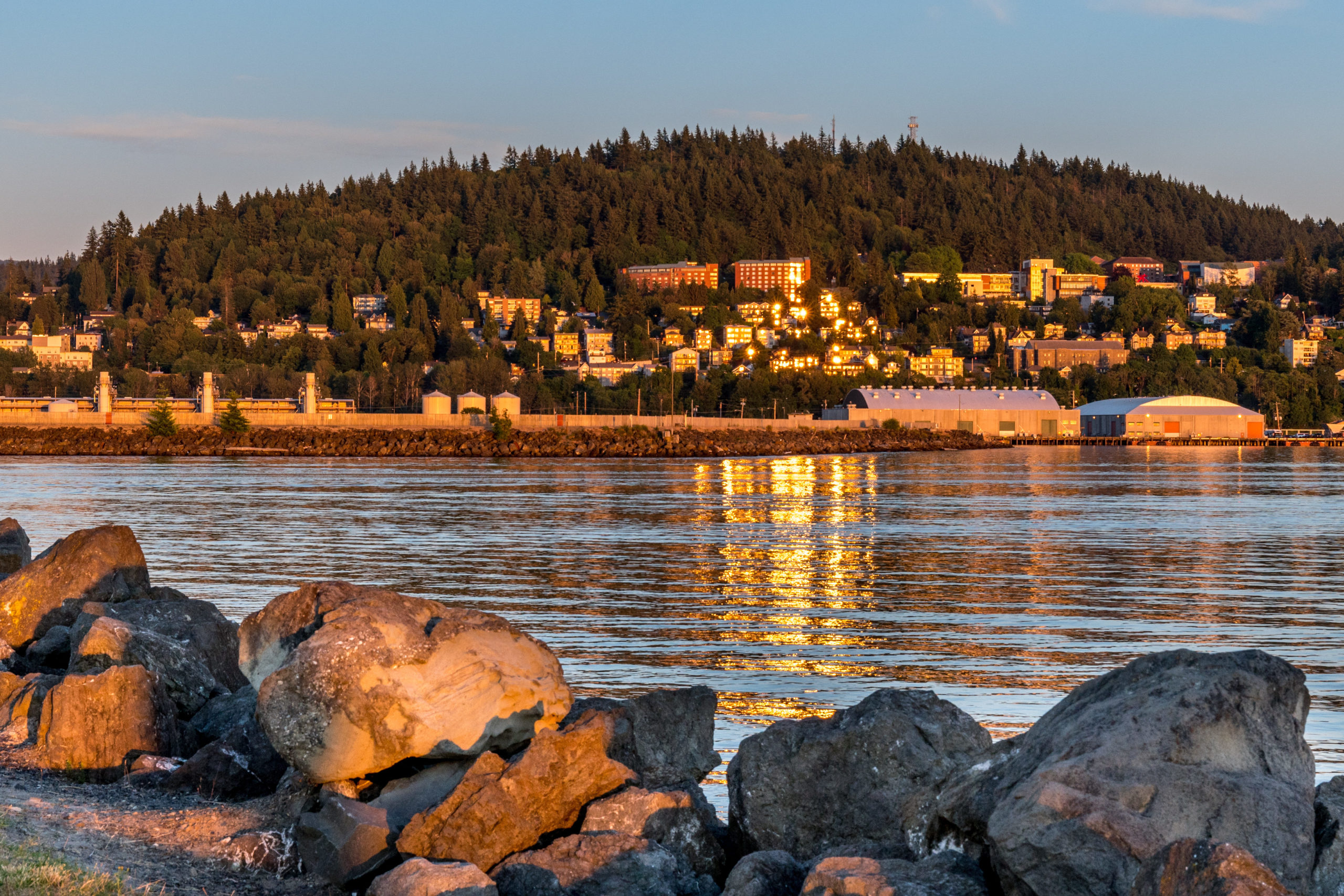 Bellingham, Washington as seen from over the water at sunset