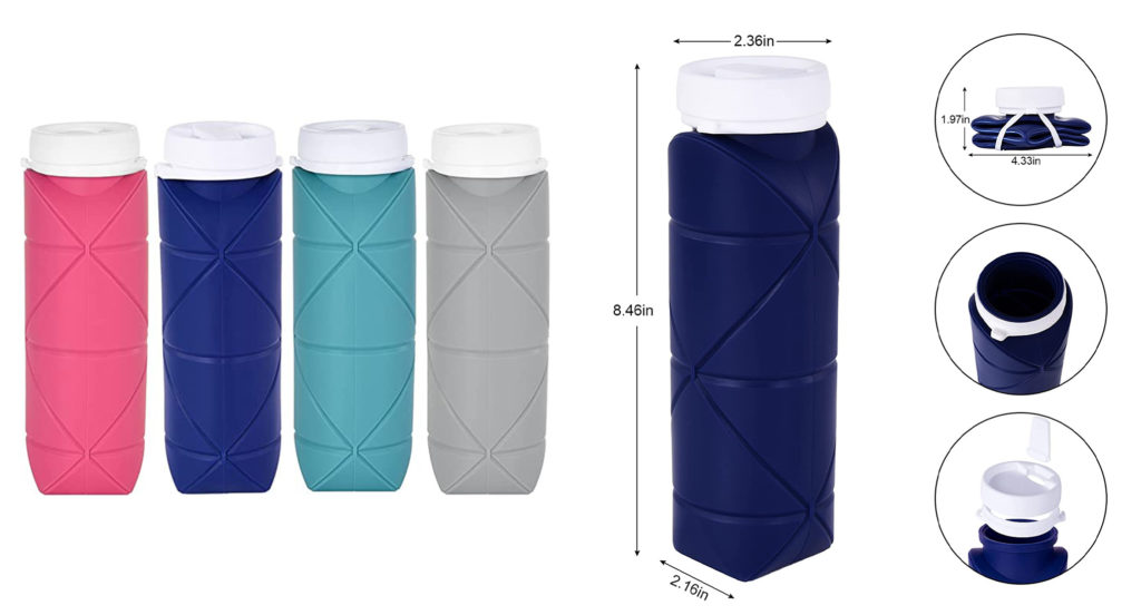 Four colors of the  SPECIAL MADE Collapsible Water Bottle (left) and a detailed breakdown of the features and dimensions of the  SPECIAL MADE Collapsible Water Bottle (right)