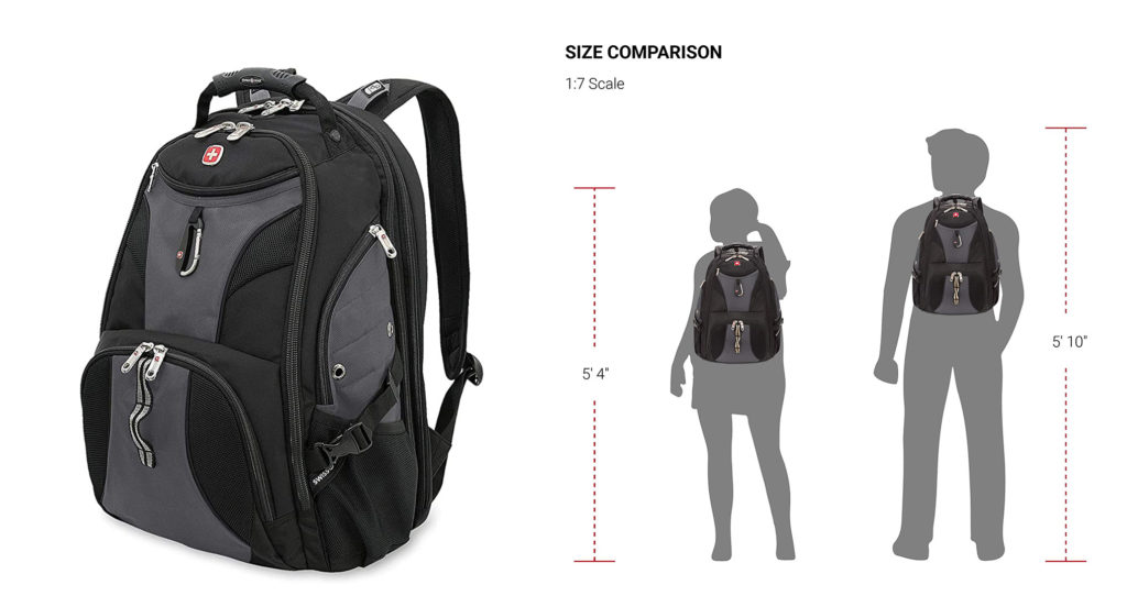 Swiss Gear Travel Gear 1900 Scansmart TSA Laptop Backpack (left) and two illustrated people wearing the Swiss Gear Travel Gear 1900 Scansmart TSA Laptop Backpack (right)