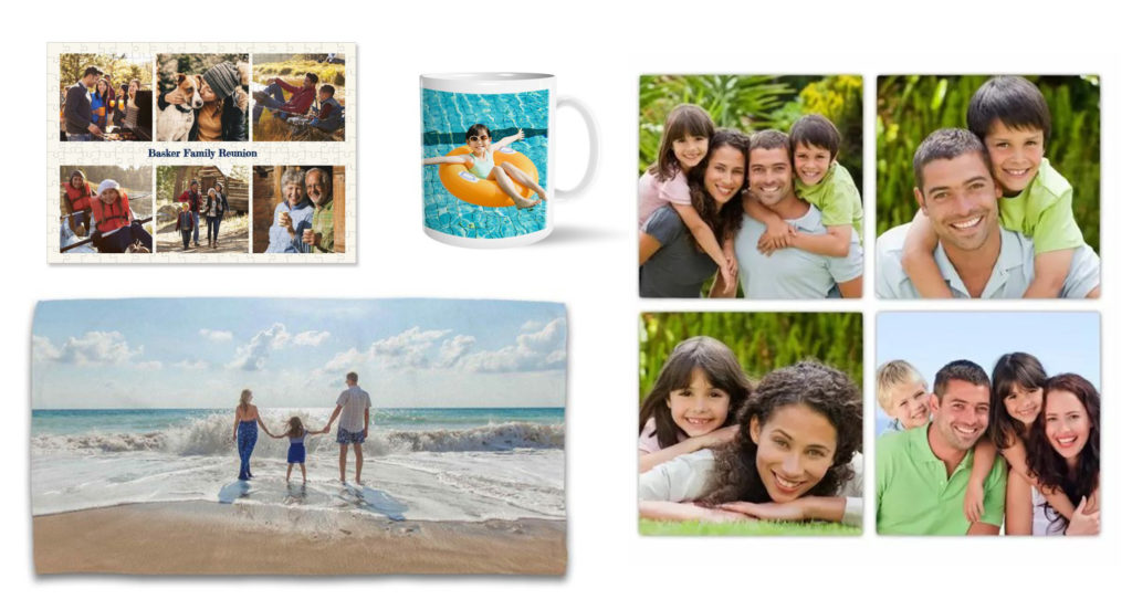 A selection of photo gifts, from a printed beach towel to a coffee mug, from Target Photo