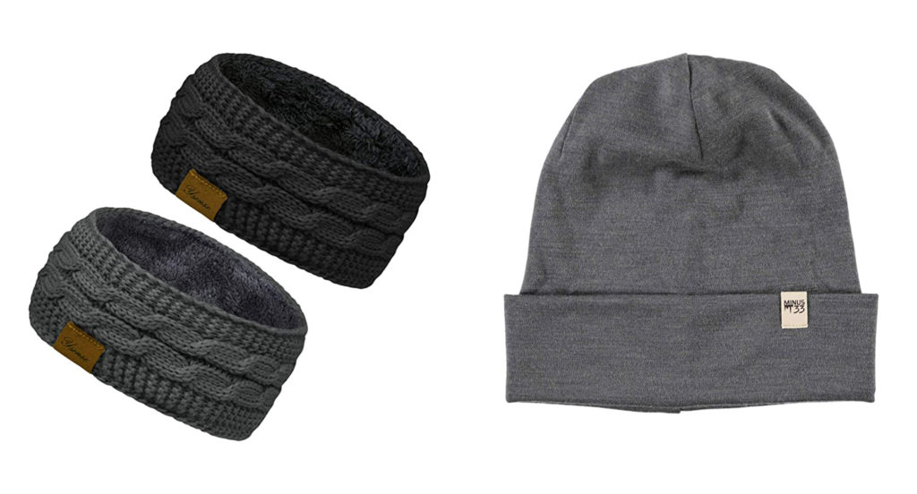 Cable knit ear warmers and a cotton beanie in shades of grey and black