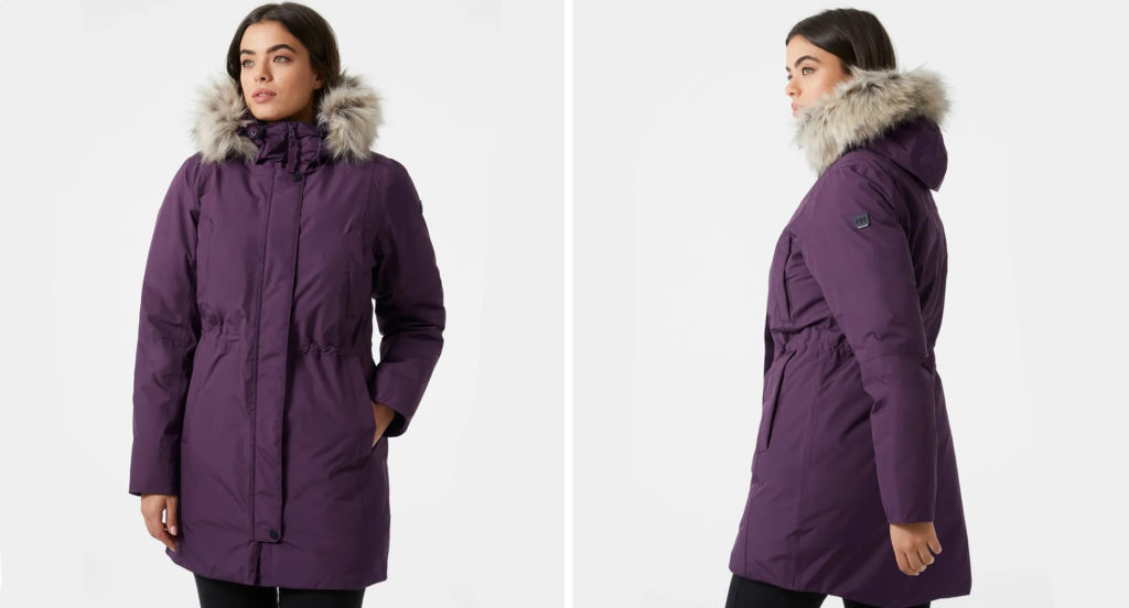 Model wearing Helly Hansen Senja Insulated Winter Parka in purple, two angles