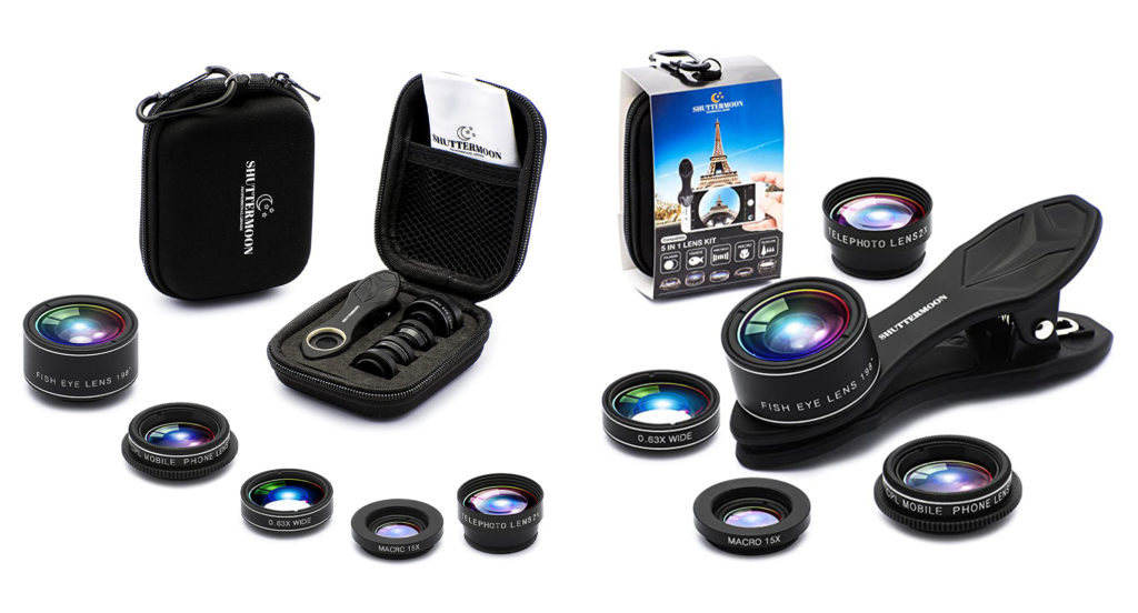 The SHUTTERMOON Phone Lens kit with various accessories, carrying cases, and packaging