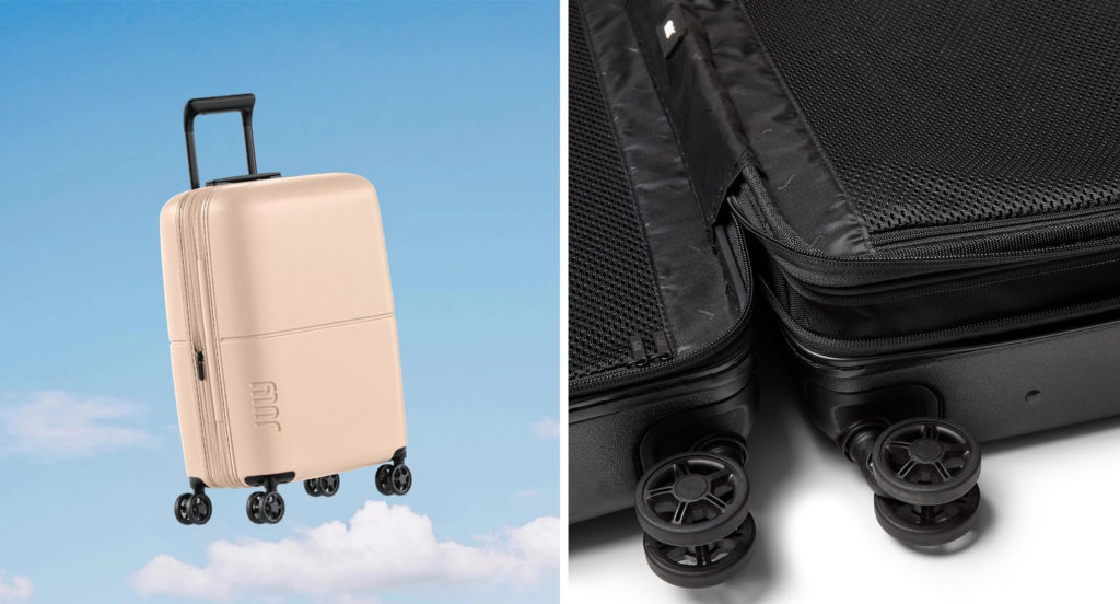 July Light Expandable Carry-On suspending in the clouds (left) and close up of wheels and zipper closure of July Light Expandable Carry-On (right)