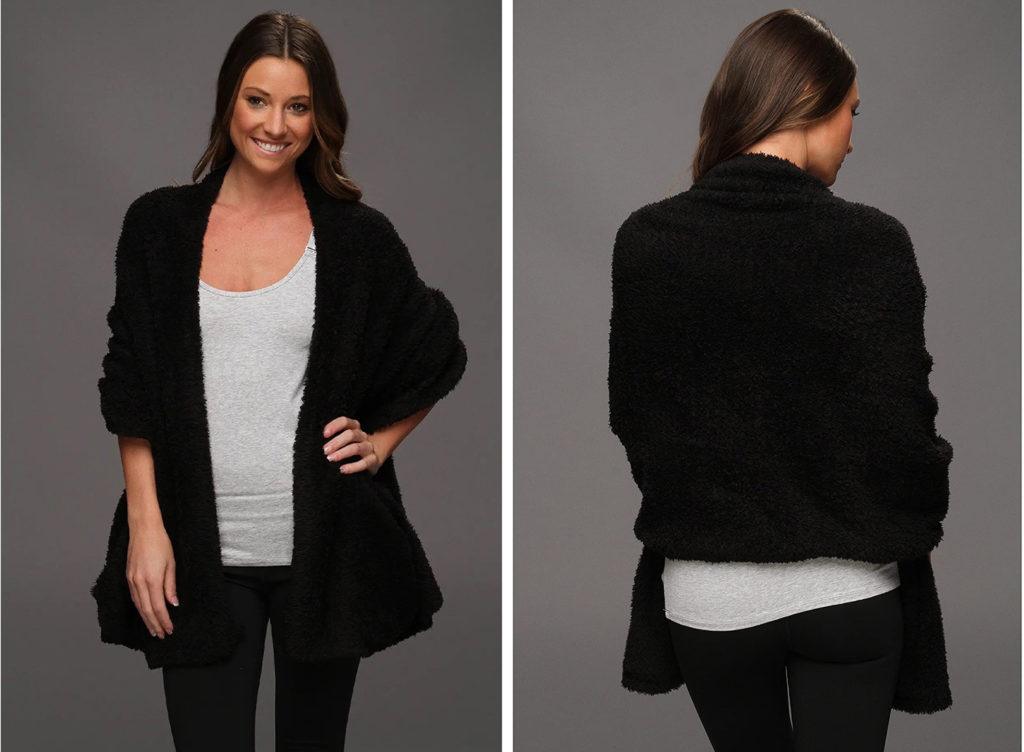 Model showing the front and back views of the Barefoot Dreams CozyChic Travel Shawl