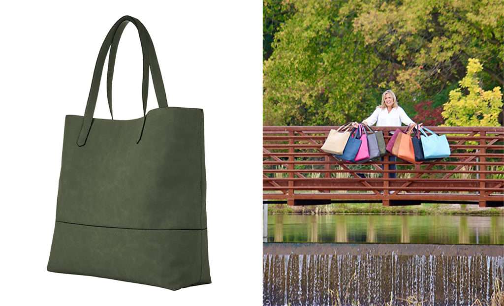 K. Carroll Accessories Taylor Tote in green (left) and woman holding several K. Carroll Accessories Taylor Totes over a bridge (right)