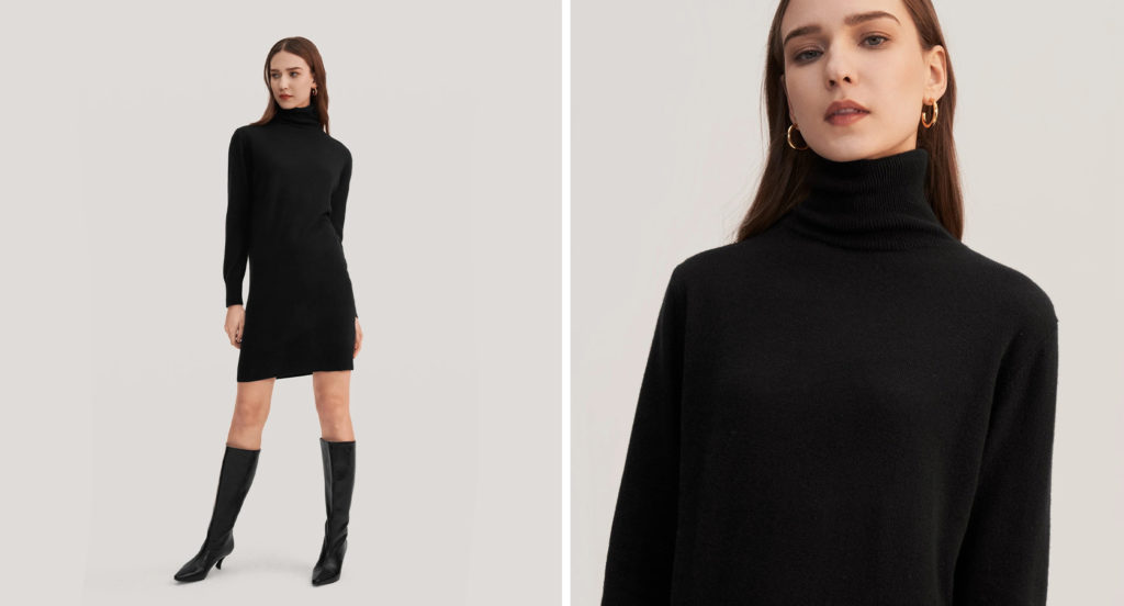 Model wearing the Lilysilk Classic Turtleneck Cashmere Dress in a full body shot and a close up