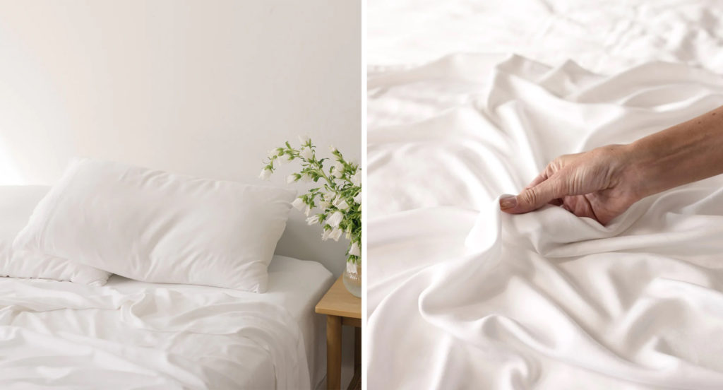 Cozy Earth Bamboo Sheet Set, as seen on a made up bed and in a close up with person feeling the texture of the sheets