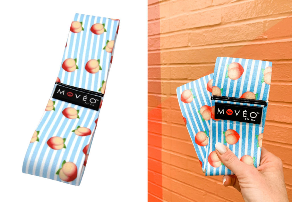 Two views of Movéo Premium Fabric Resistance Bands with a blue stripe and peach design on it