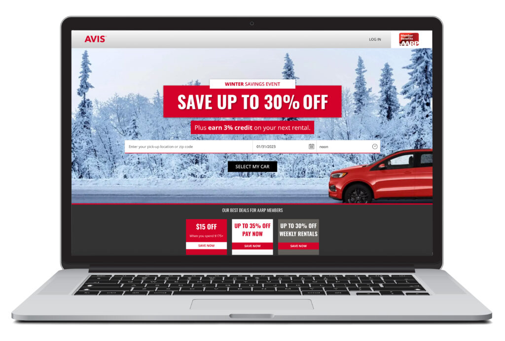 Illustration of laptop showing the car rental homepage of AVIS