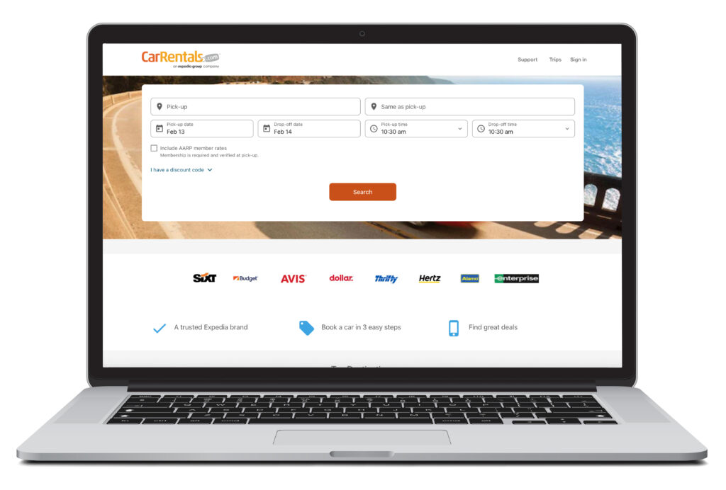 Illustration of laptop showing the car rental homepage of CarRentals.com