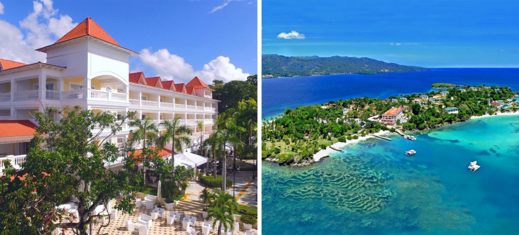 Exterior view of the Cayo Levantado Resort, Isla Cayo Levantado, Dominican Republic (left) and aerial view of the island (right)