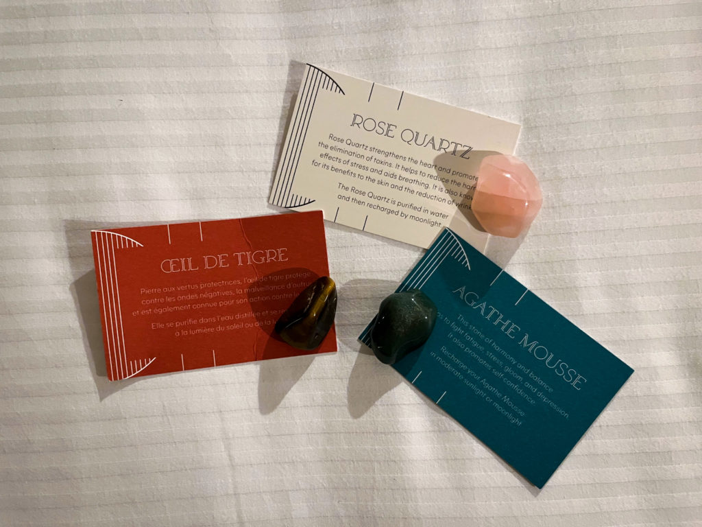 Crystals and instruction cards from Kimpton St. Honore Paris