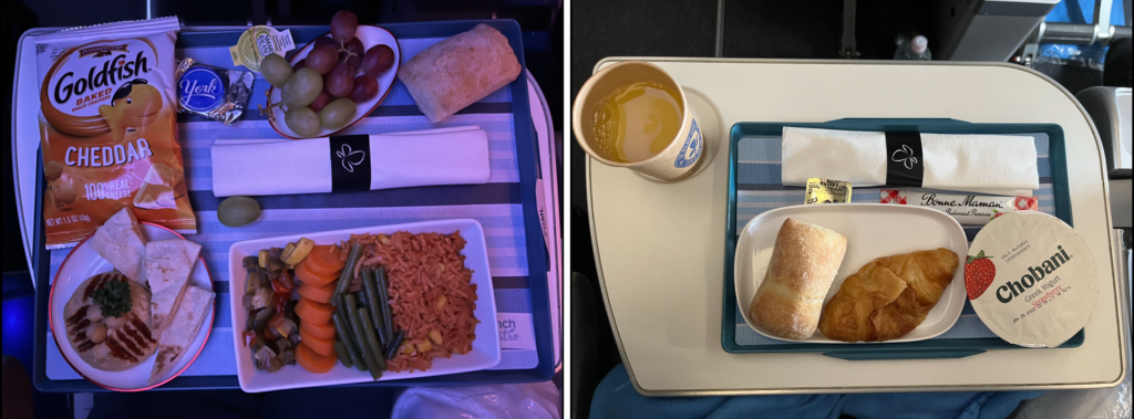 Dinner and breakfast meal options on an international French bee flight