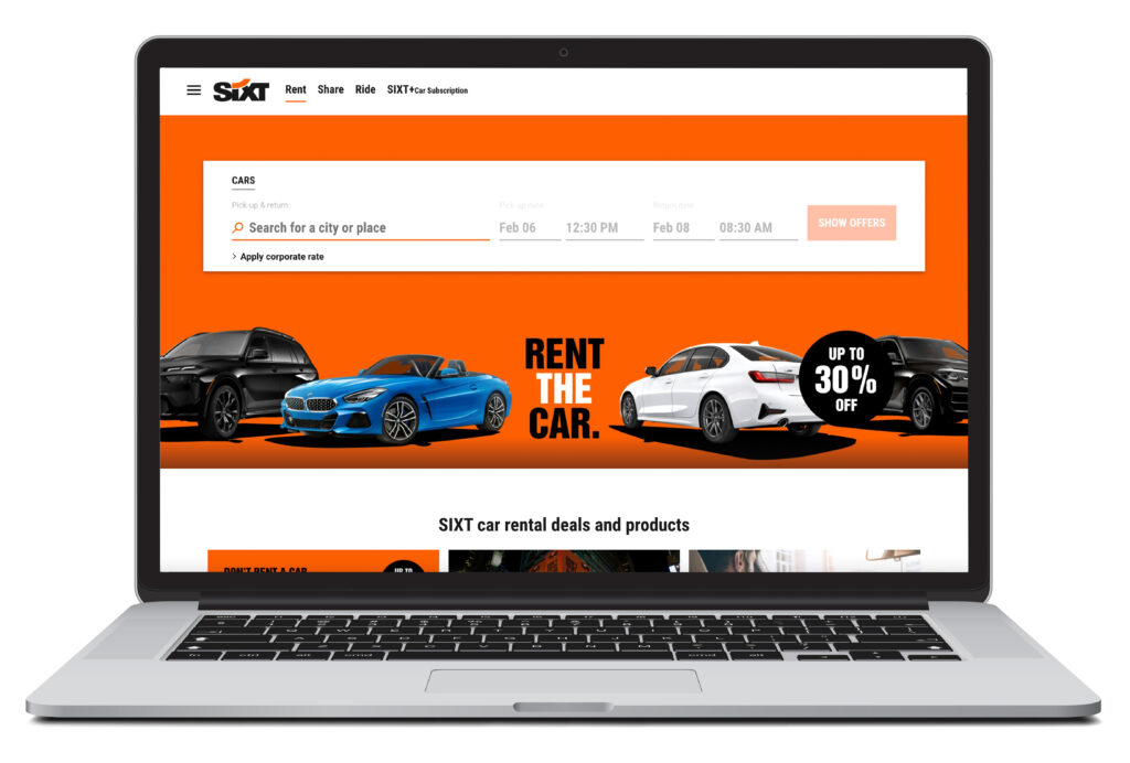 Illustration of laptop showing the car rental homepage of Sixt