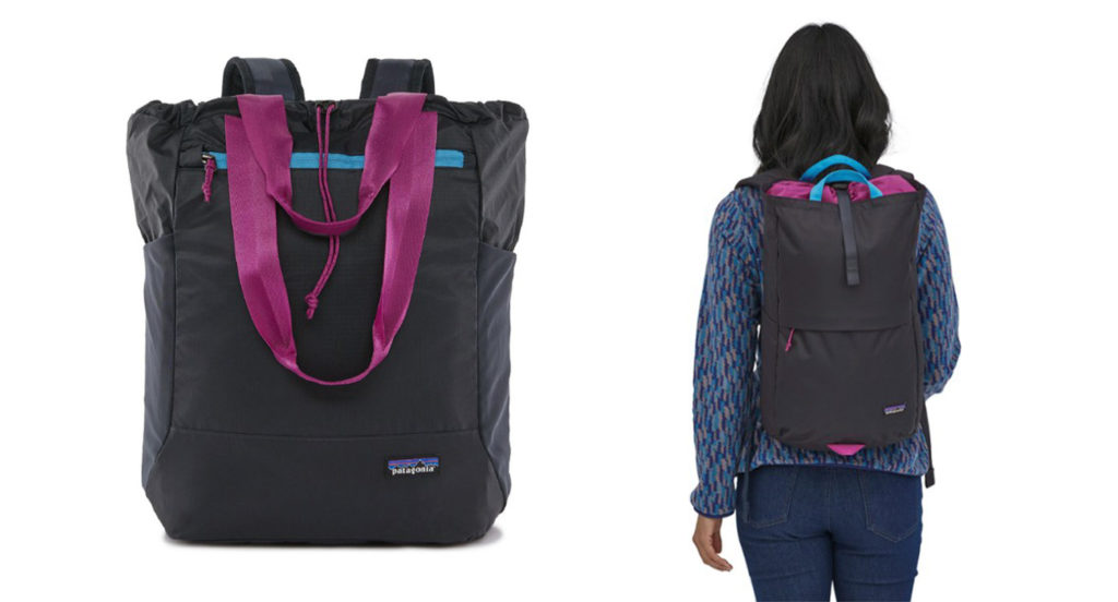 Patagonia Ultralight Black Hole Tote Pack (left) and woman wearing the Patagonia Ultralight Black Hole Tote Pack (right)