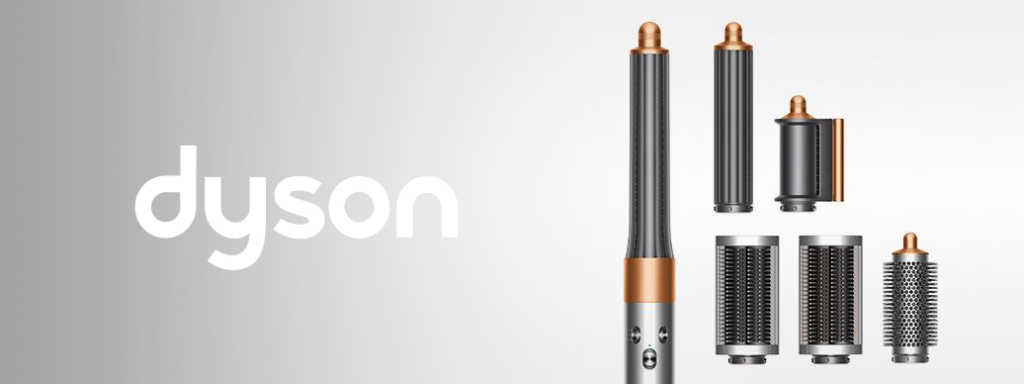 Dyson Airwrap styling tool and various components next to the Dyson logo