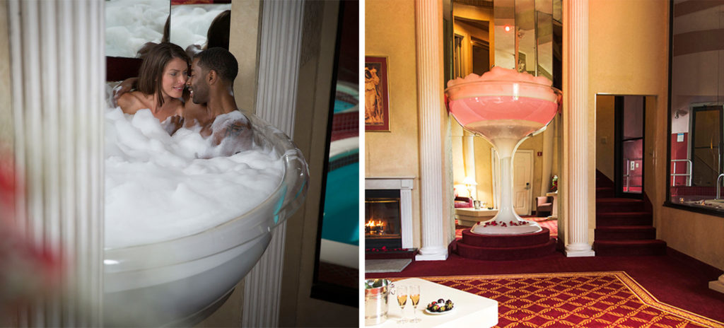 Couple in the 7-foot tall champagne bath and a full shot of the same bath at Pocono Palace Resort, East Stroudsburg in Pennsylvania
