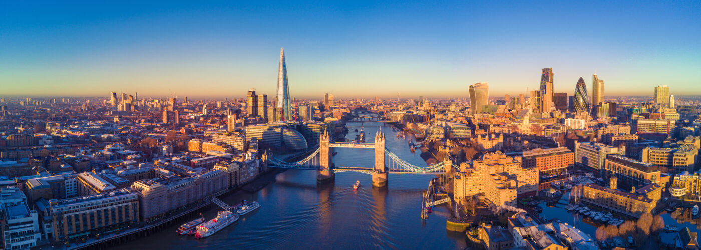 Aerial panorama of London and the river Thames