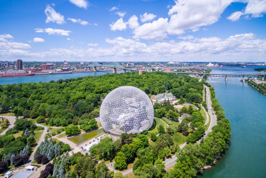 Aerial view of Montreal cityscape and biosphere