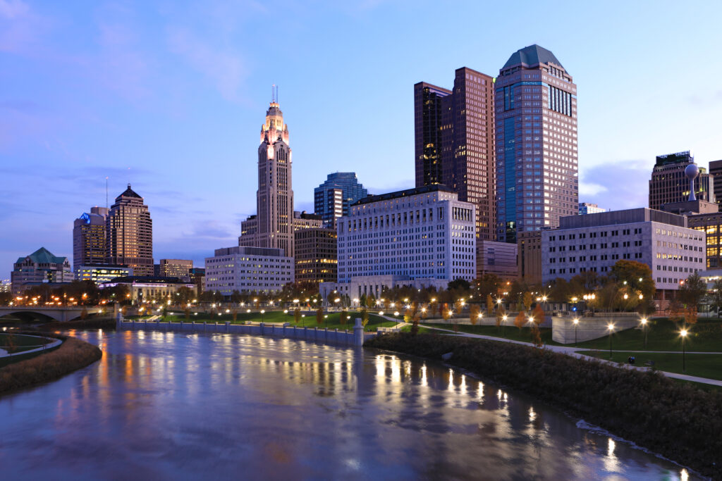 Skyline of downtown Columbus, Ohio at dusk