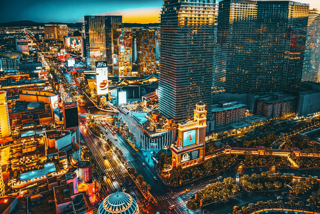 Las Vegas strip viewed from above at night