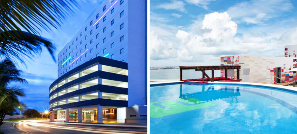 Exterior of Aloft Cancún (left) and rooftop pool at Aloft Cancún (right)