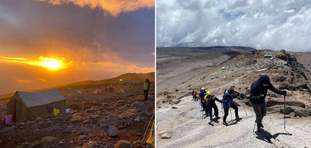 Hikers' camp on the Lemosho Route up Mount Kilimanjaro at sunset (left) and hikers making their way up the Lemosho Route (left)